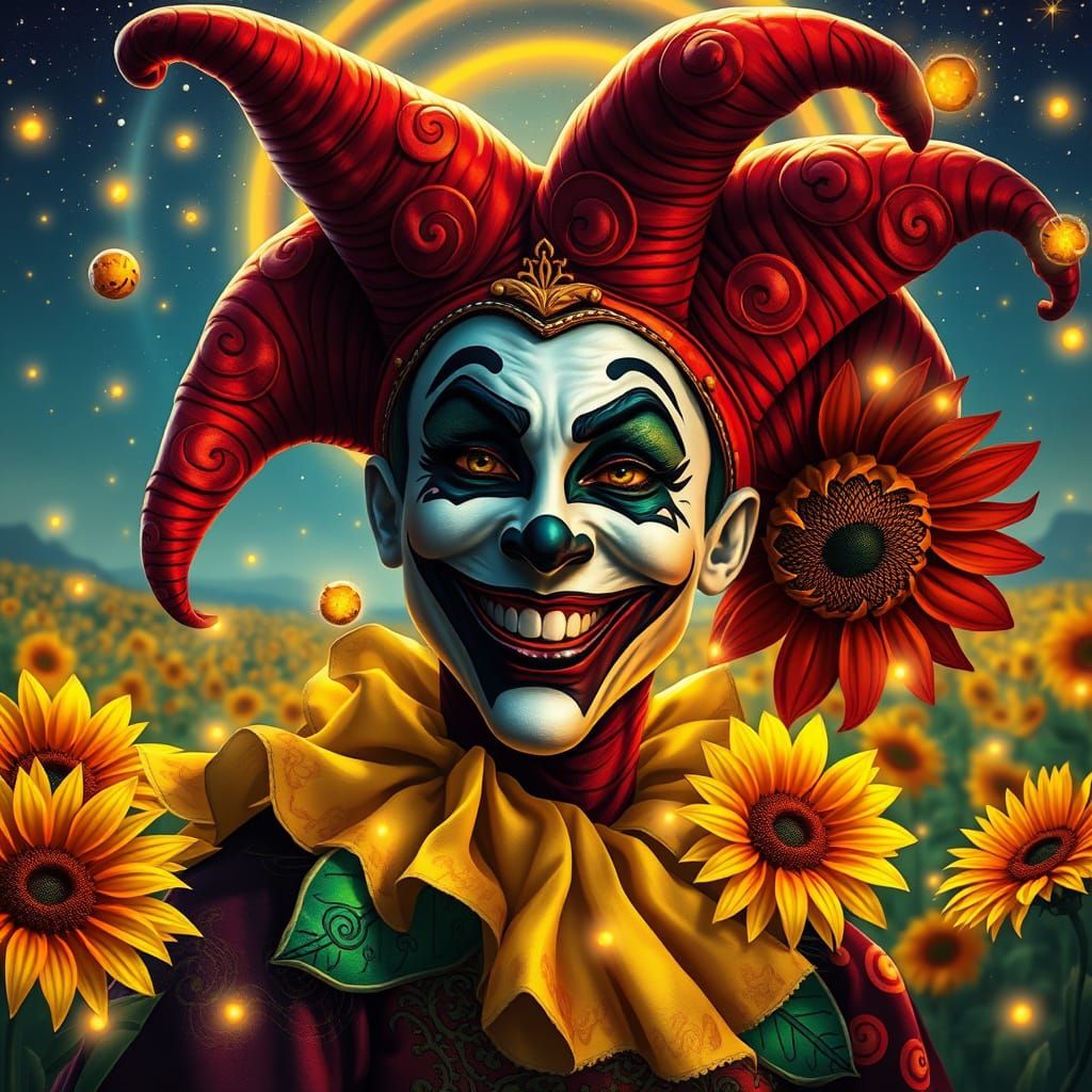 Whimsical Jester in Vibrant Fantasy Setting