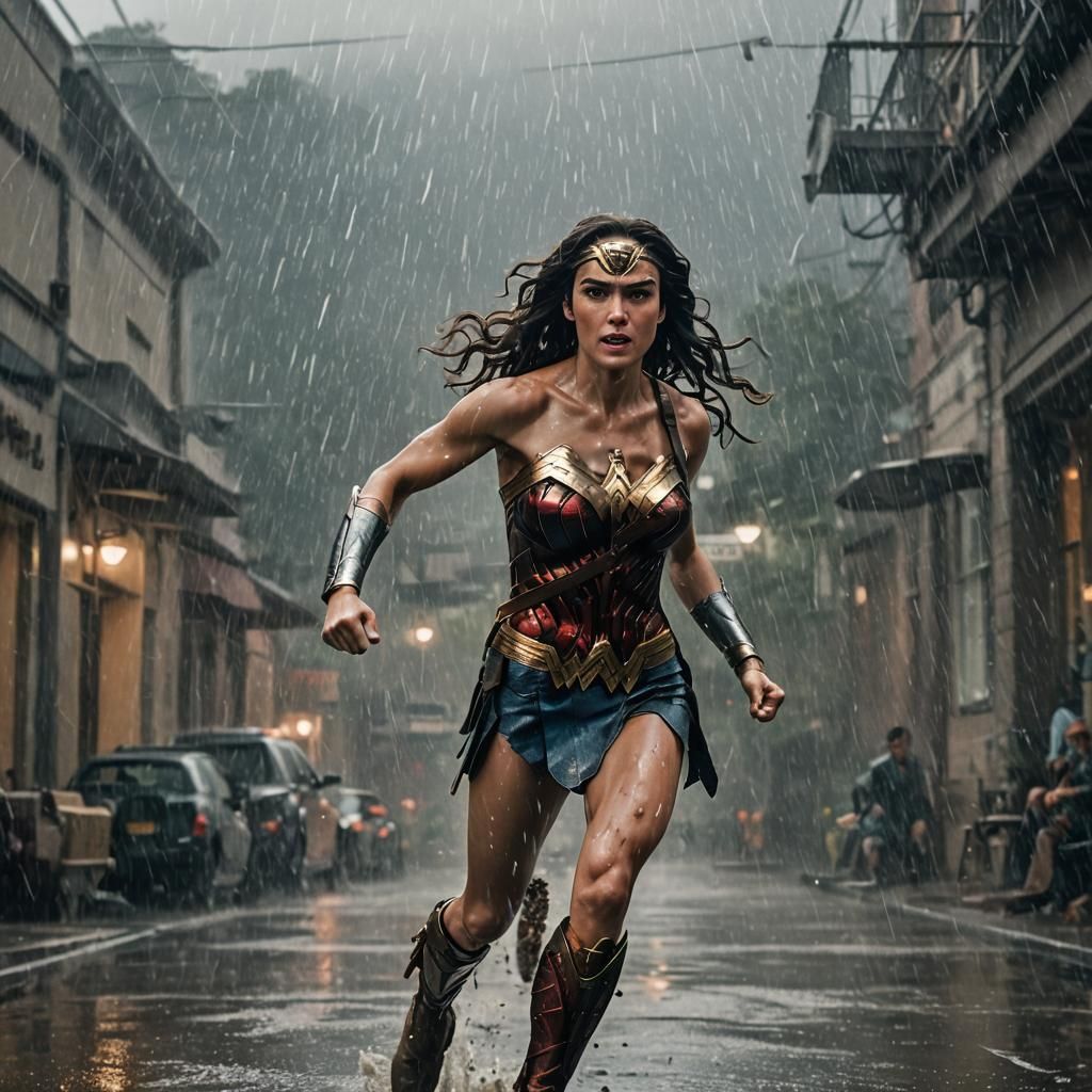 Wonder Woman deflecting bullets while running in the rain with ...