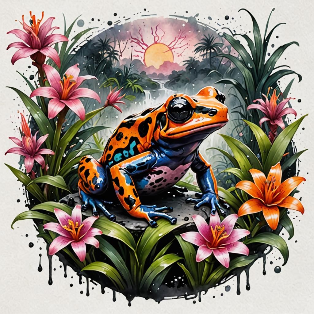 poison dart frog on a bromeliad  by @Xantha