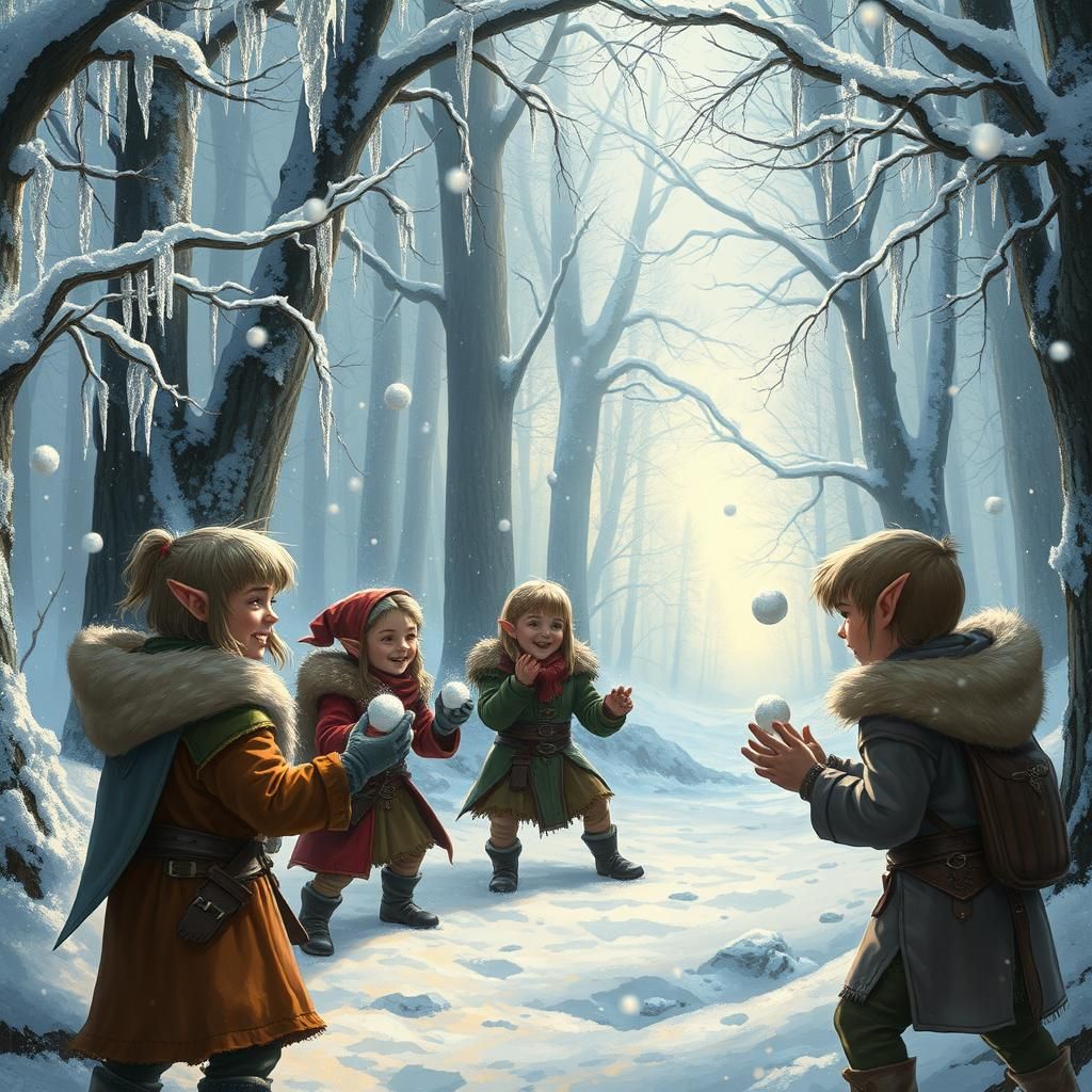 DnD fantasy style. In the heart of a magical fantasy forest blanketed in snow, a group of elven children are having a playful snowball fight...