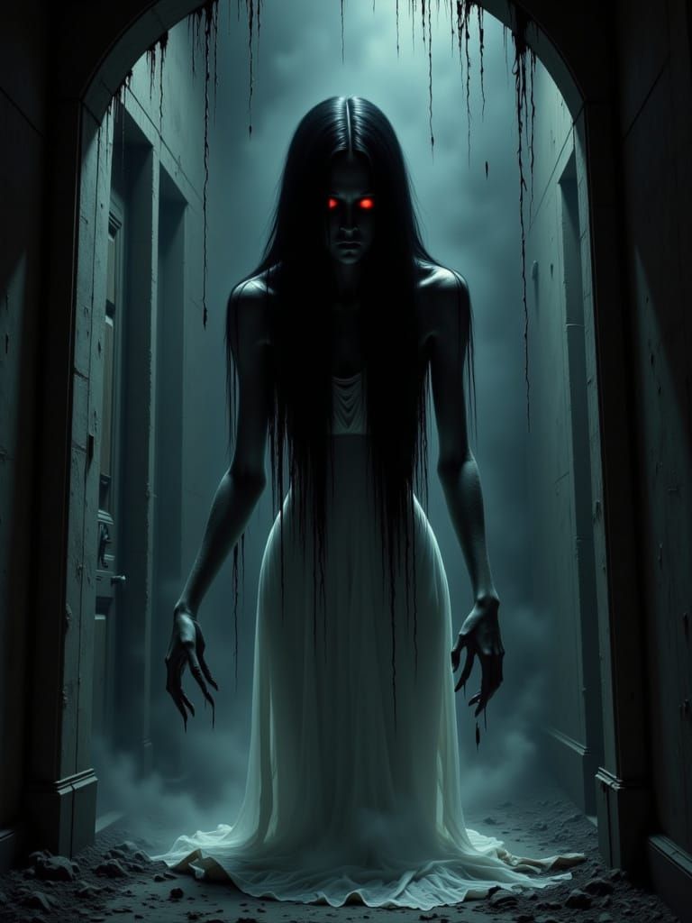 Terrifying Ghost Emerges from Dark Basement in Surreal Style