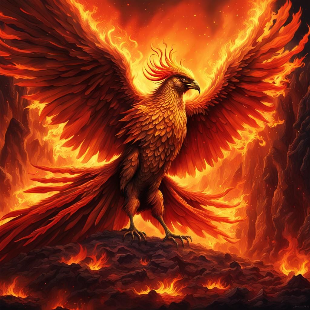 Phoenix rising from the ashes, bright gold and red plumage