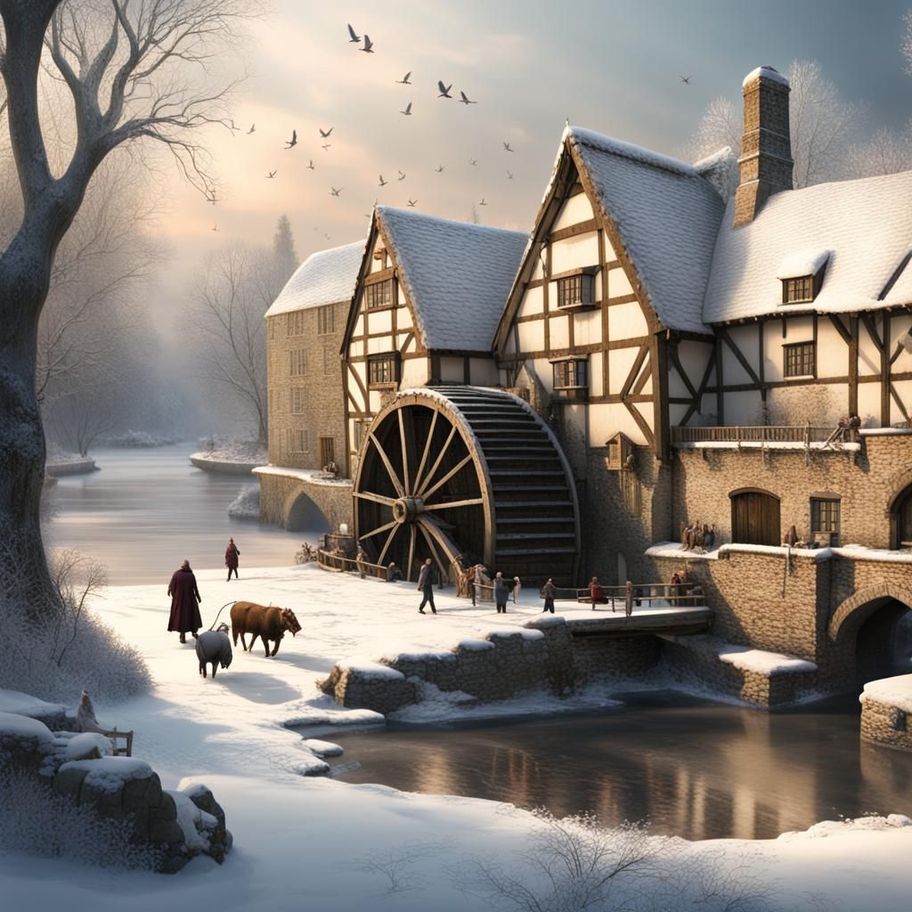 Frozen waterwheel in a medieval English village with a froze...