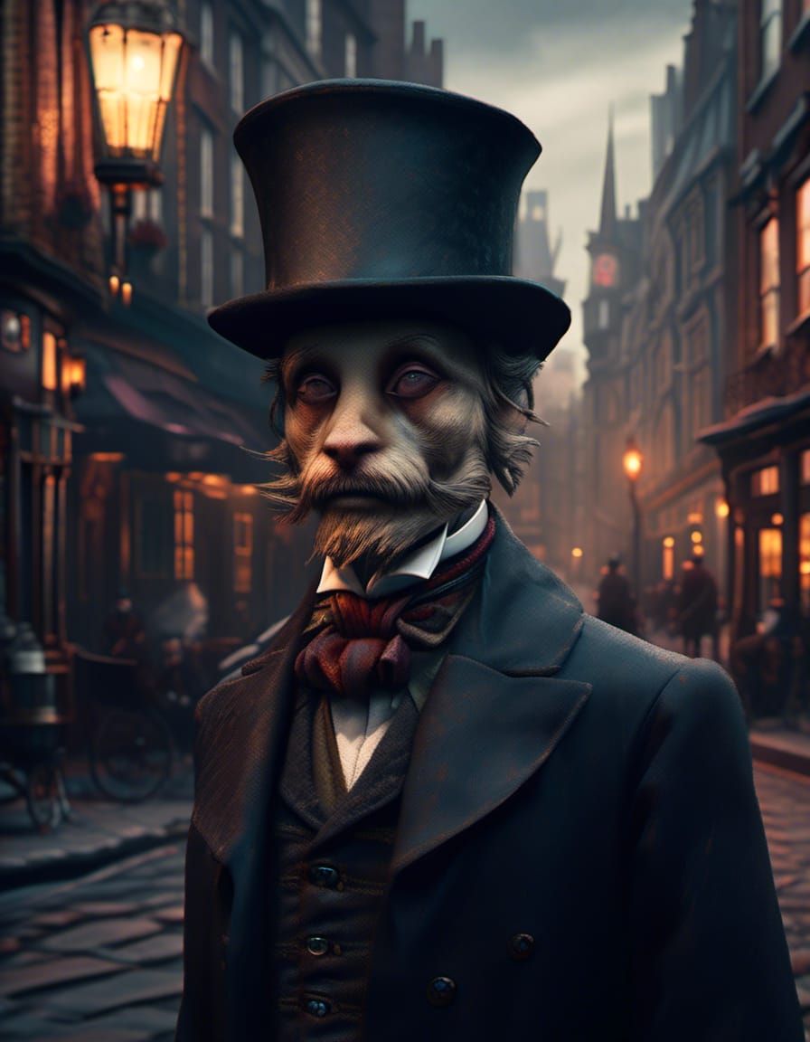 Portrait of a man in a top hat.

Scene is set in a doggy London street.

Scene is light by gas lamplighter.

Subject is in focus. detailed m...