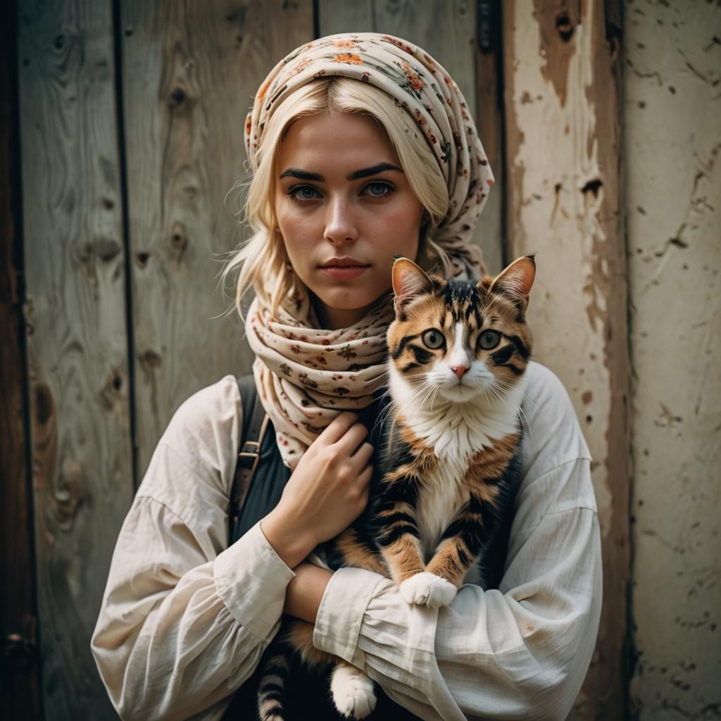 Modest blonde girl with headscarf holding fluffy calico cat