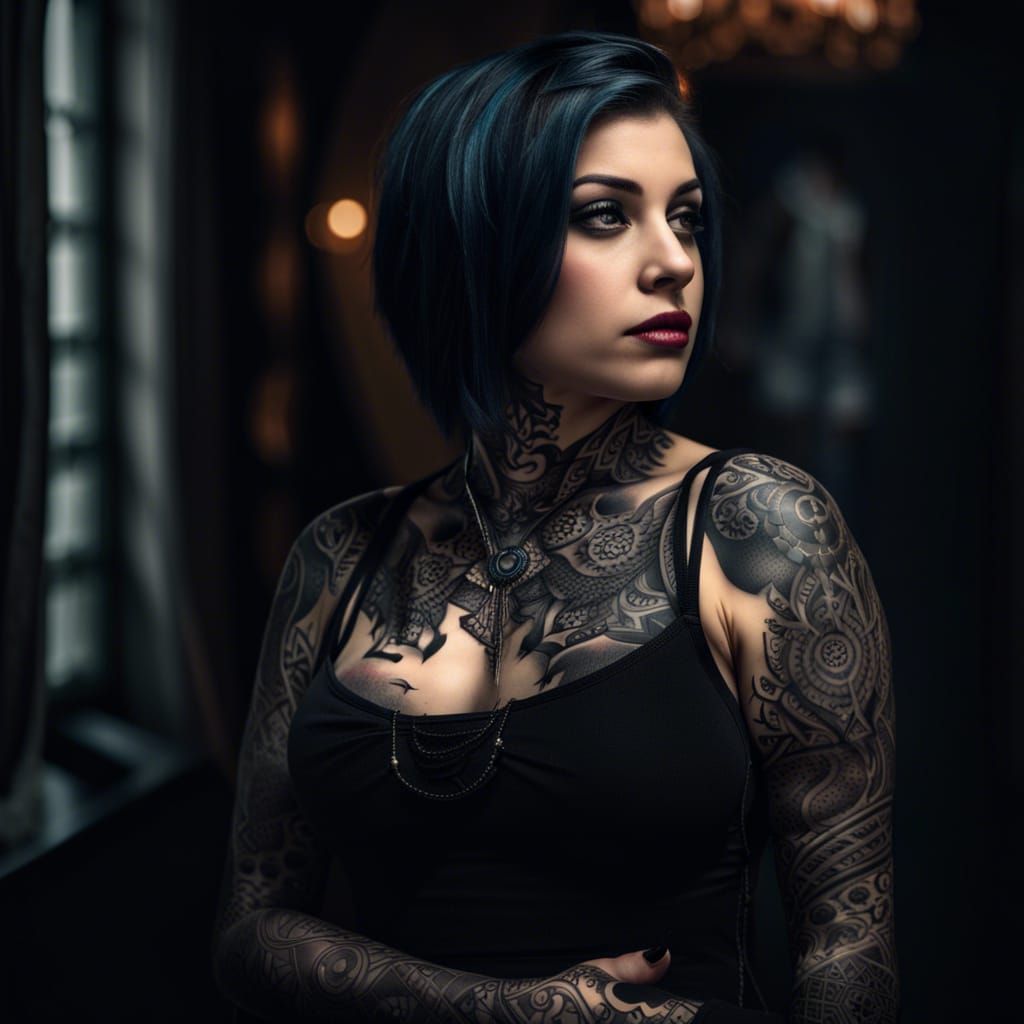 Masterpiece Of A Curvy Goth Girl With Tattoo Elegant Intricate Details Hdr Beautifully Shot