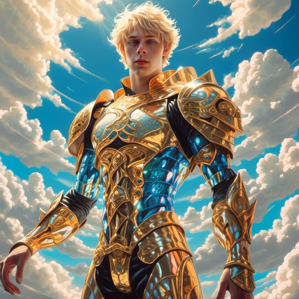 low angle, fisheye lens, Mind-blowing illustrations Full body image of a Very handsome young looking male Adonis god with piercing glowing b...