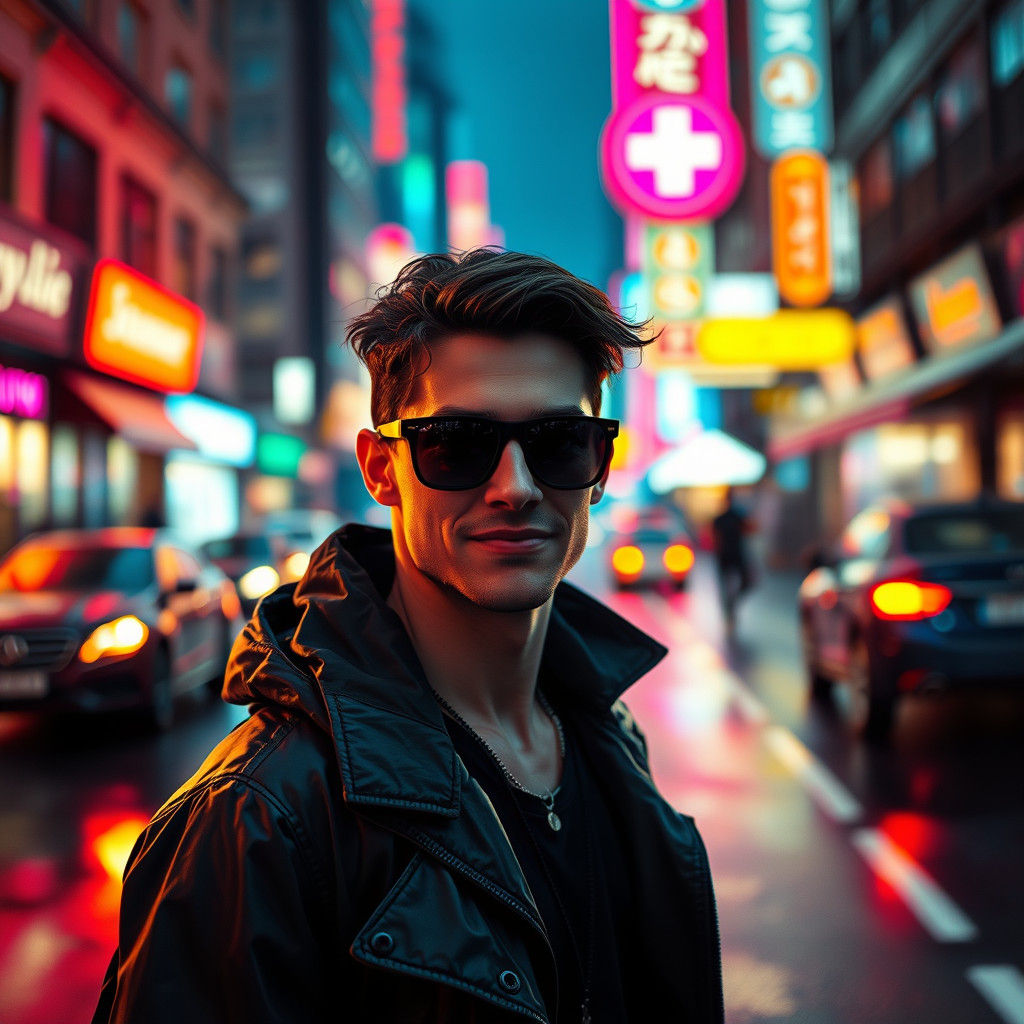 Sunglasses-Wearing City Dwellers in Neon Nighttime Scene