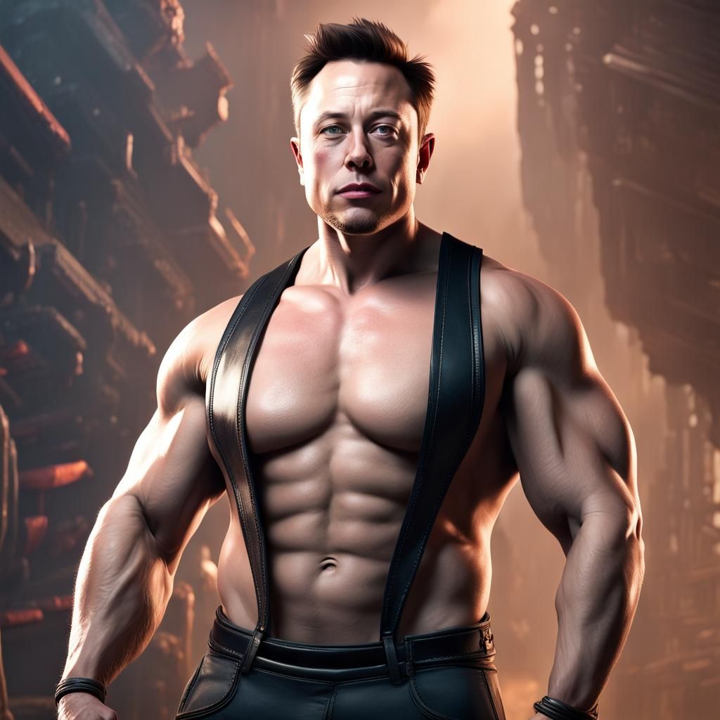 Elon Musk with a bodybuilder physique and big bara muscles. He has very