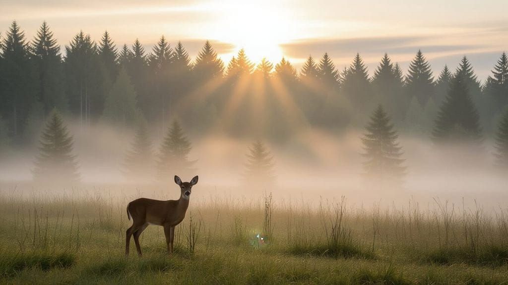 A lone fawn standing at the forests outer trees, a dense fog making most of the trees behind the deer ...  by @Dantonio