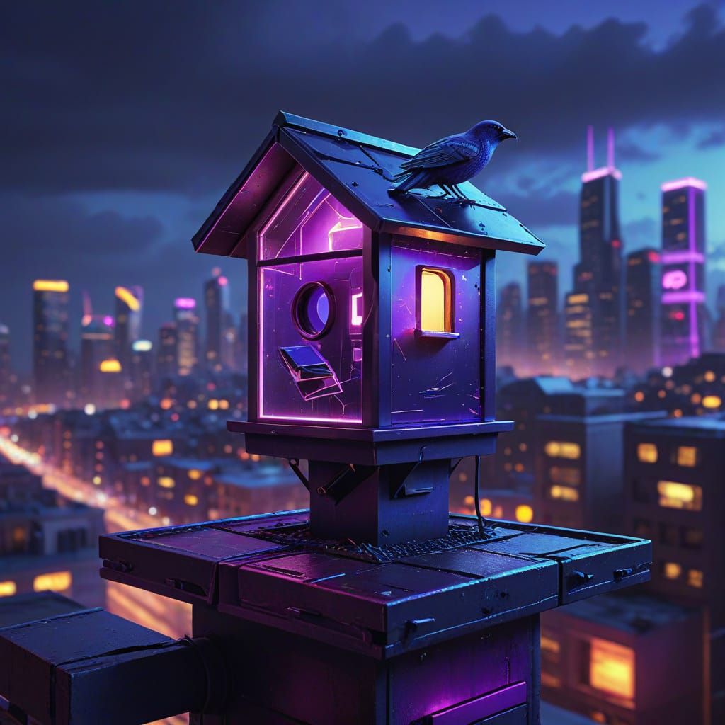 A futuristic birdhouse with glowing lights and sleek design perched on a city rooftop.  by @manozavr