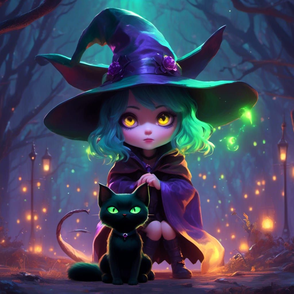 A cute witch with big, glowing, purple eyes, emerald green hair, wearing a grunge cape, and spectacular witches hat kneels before an adorabl...