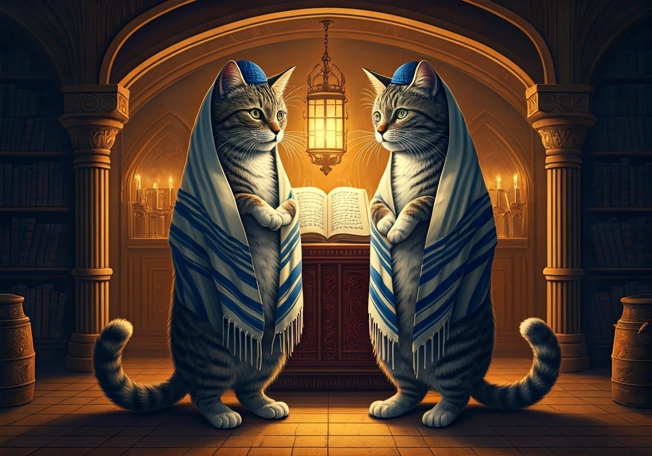 Two Felines Engage in Talmudic Debate in Traditional Beit Mi...