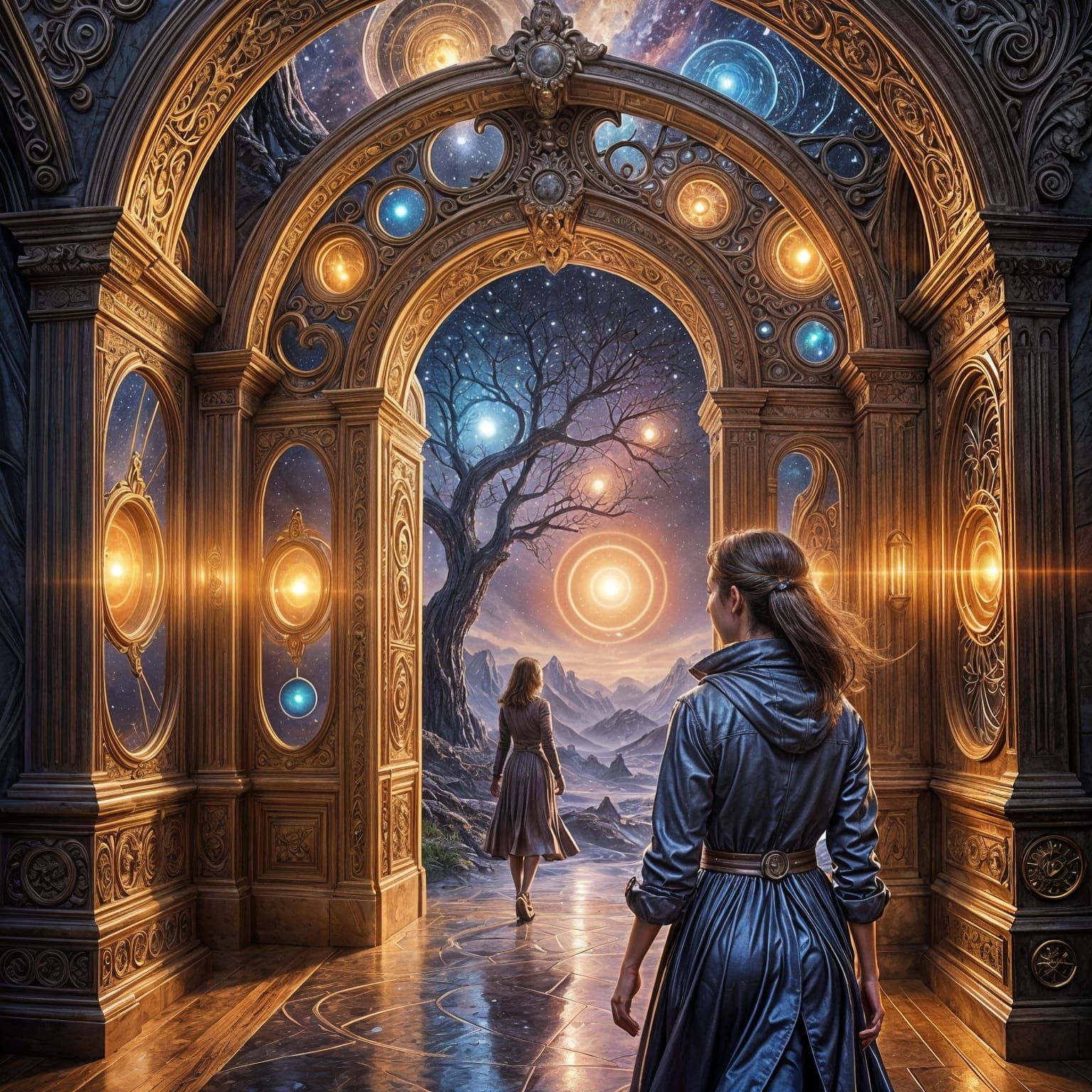 Mesmerizing realistic magical doorway to time travel,walk through the doorway to another universe freely 