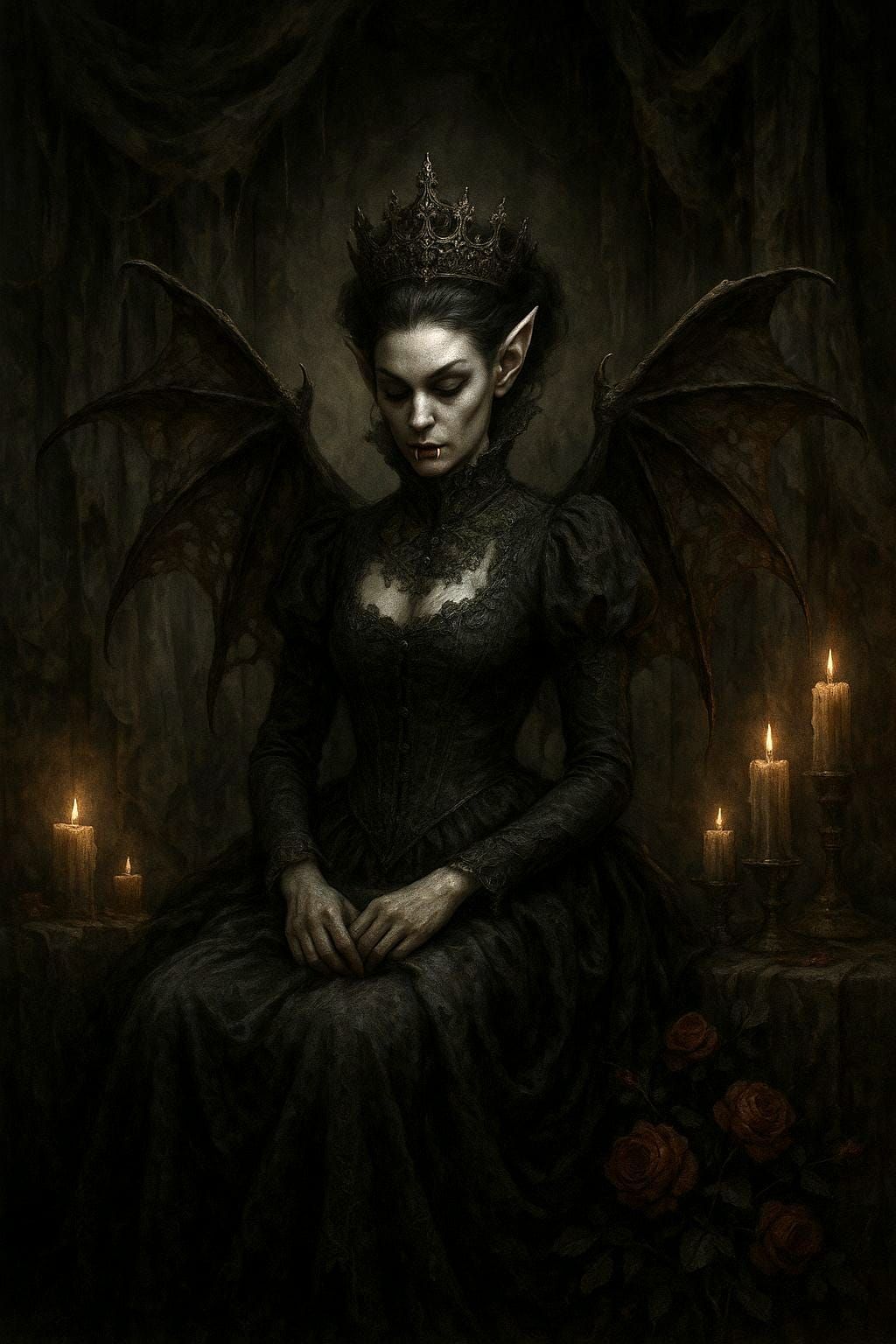 Create a surreal, creepy Victorian queen vampire sitting in her lair, featuring tattered bat wings, looking down, with pointy ears and small...