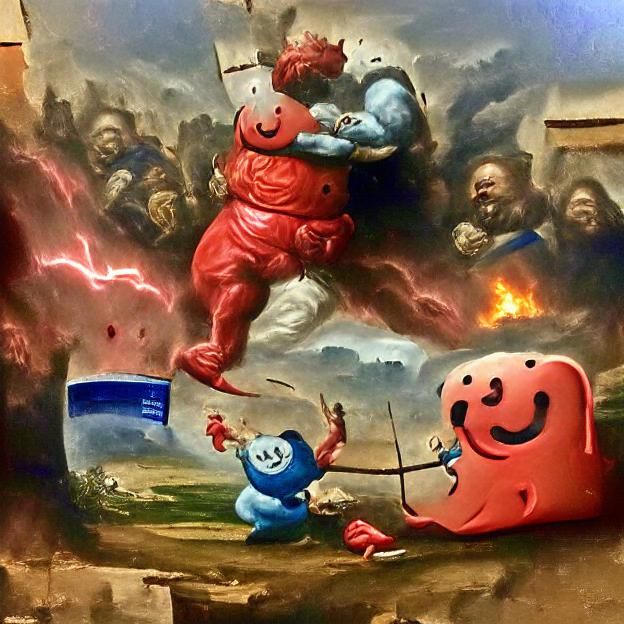 Kool-Aid Man fighting God in the apocalypse renaissance painting