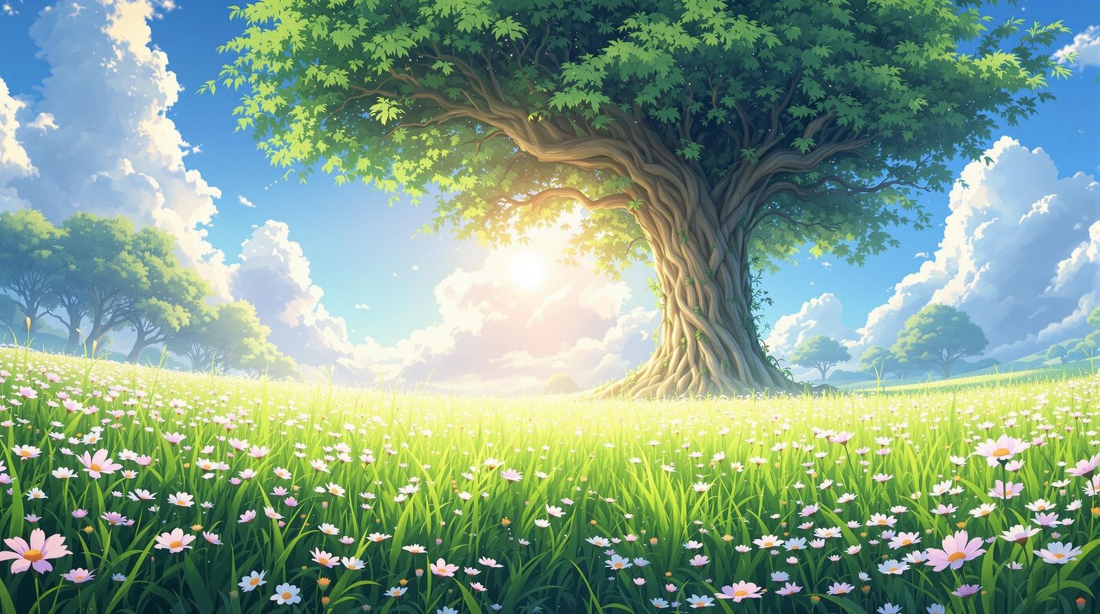 Whimsical Anime Landscape with Green Fields and Majestic Tre...