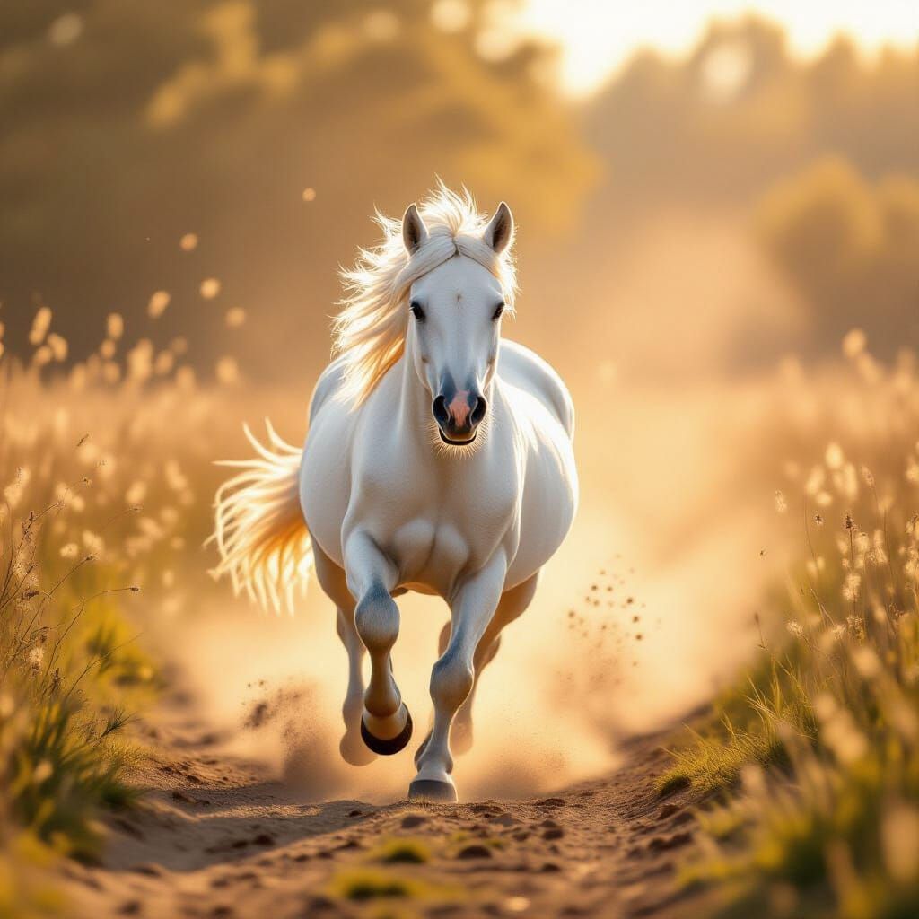 White Pony Gallops Through Dusty Golden Hour