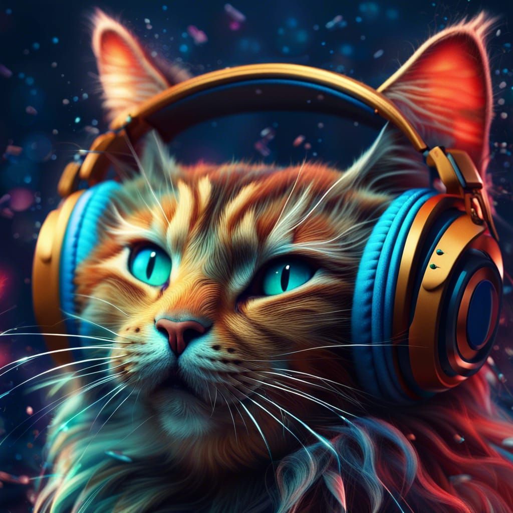 Cat listening to music in big headphones - AI Generated Artwork ...