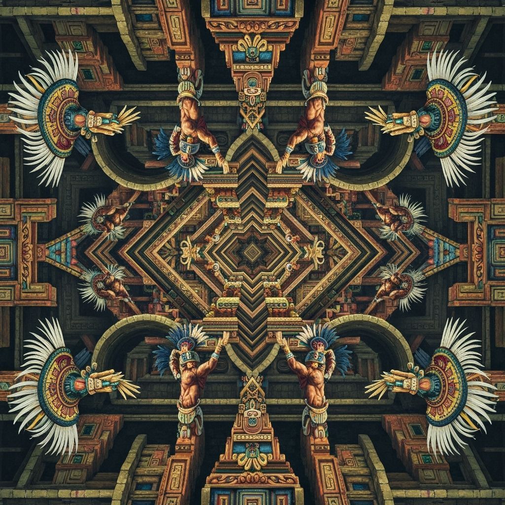 Envision a Mexica temple, its architecture mirrored and repeated in a mesmerizing kaleidoscope pattern. ...  by @GeorgeO