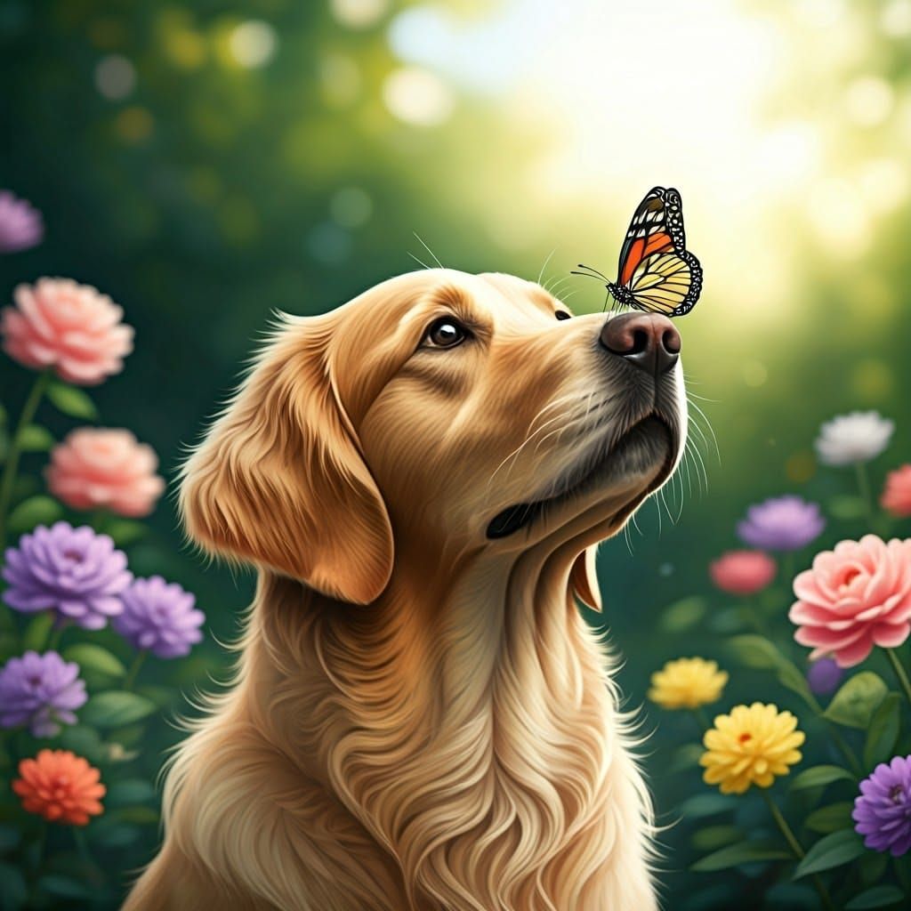 a delicate watercolor painting of a gentle, golden retriever sitting calmly in a lush garden, with a ...  by @JuiceBox