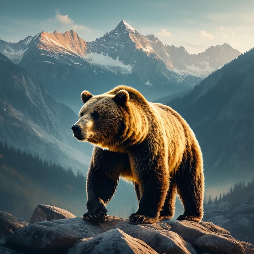 Double exposure photography, a bear in front of high mountains, rocky mountain wilderness, dramatic 