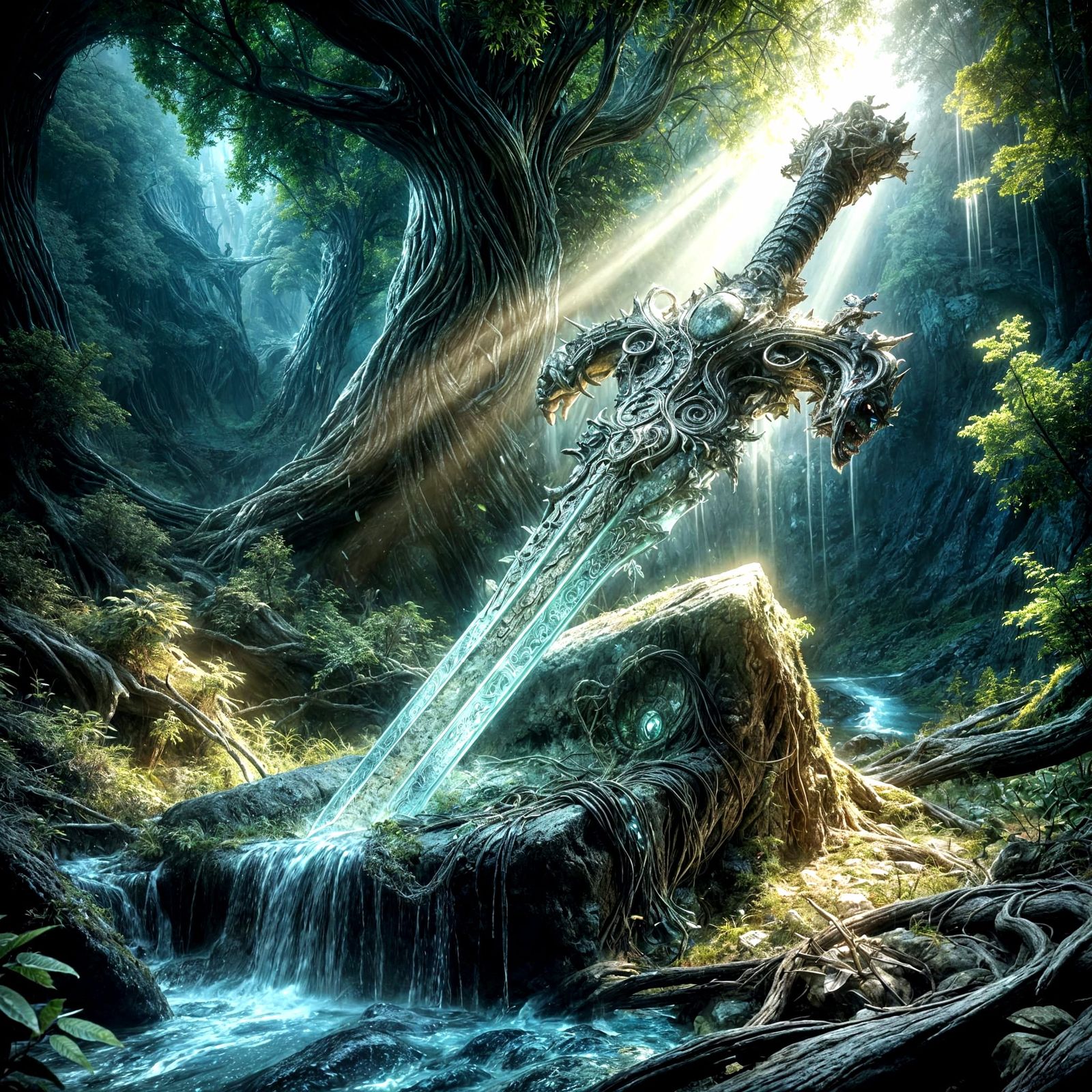 intricate fantasy sword planted blade stuck in stone rock in stone with green aura energy surrounding ...  by @SilverSeasons