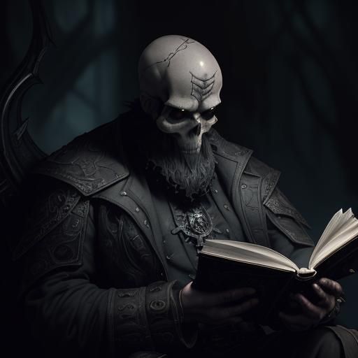an old man reading a black leather tome, the skull visible