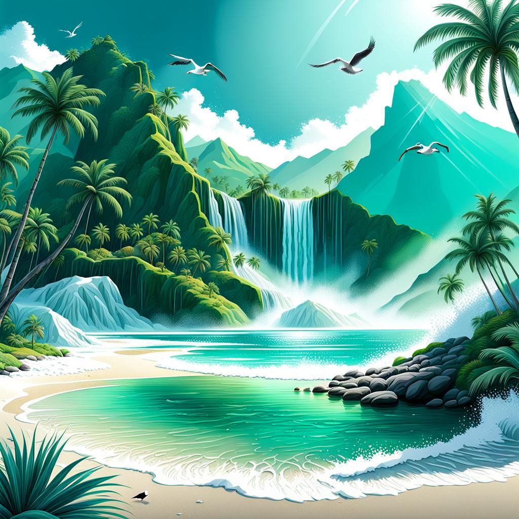the background colorful fractals, next layer: green mountain...