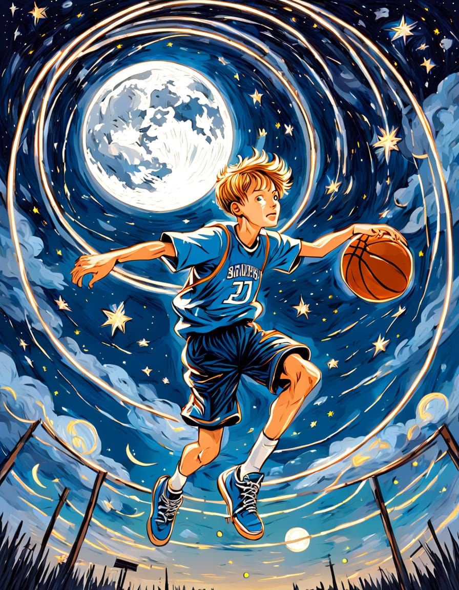Boy Dunks the Moon in Van Gogh Style