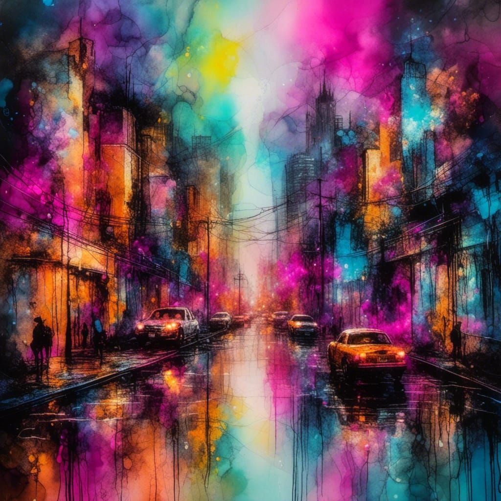 <lora:HRH-neonGrunge:1.0> neon grunge, abstract, alcohol inks, illuminous neon city, long exposure 