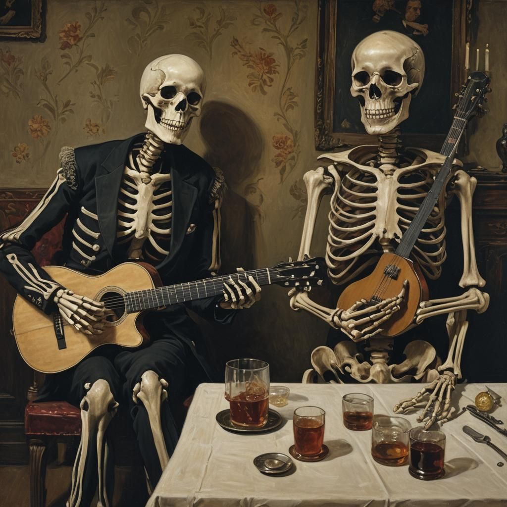 a painting of a skeleton sitting at a table with a guitar, s...
