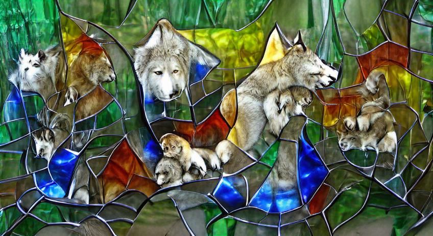 Family of wolves in stained glass