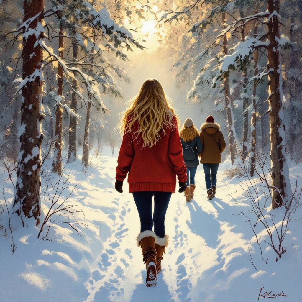 Finnish Girl in Snowy Forest, Romantic Oil Painting
