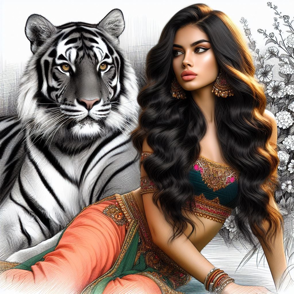 Stunning color sketch of a Beautiful Indian Beauty sitting b...