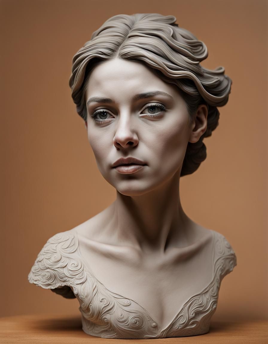 Incredibly realistic clay Sculpture of a bust of a beautiful young woman by artist “Eva Arcieniga Garcia”