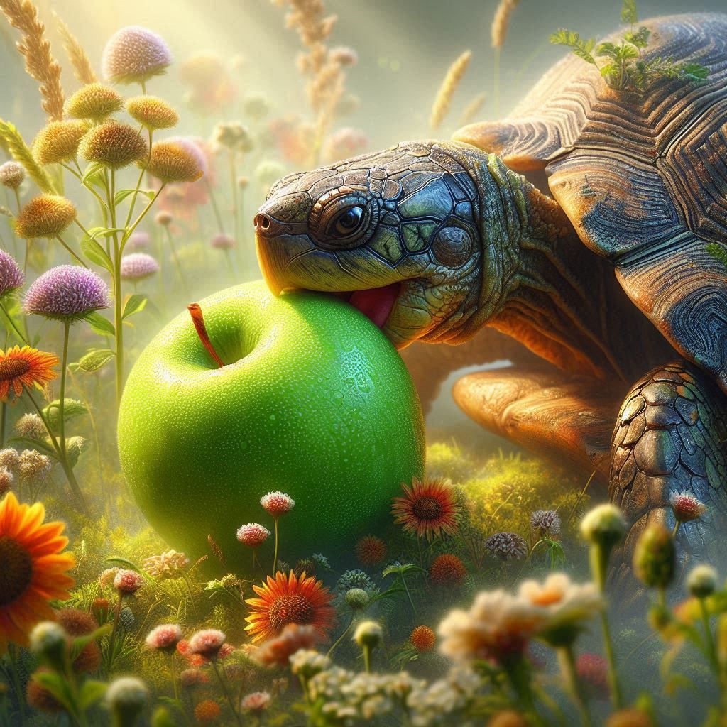 A turtle biting an apple
