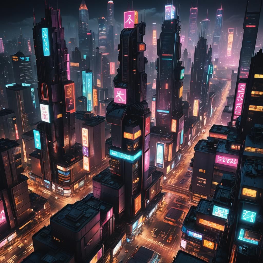 Cyberpunk cityscape at night, skyscrapers with neon signs, f...