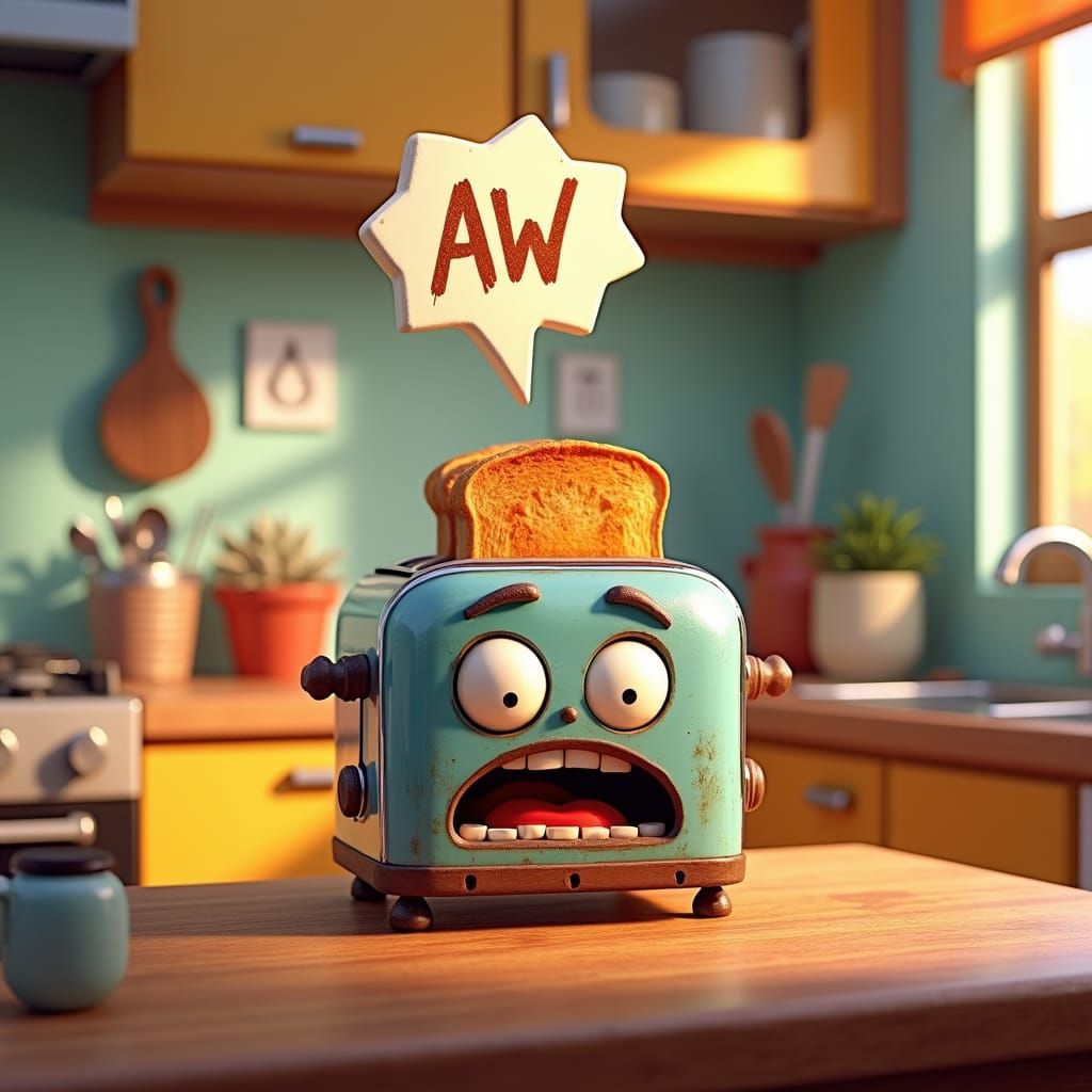 This cute and playful illustration depicts a toaster, with googly eyes and lovely drawn lips, looks terrified. Above is a thought bubble wi...