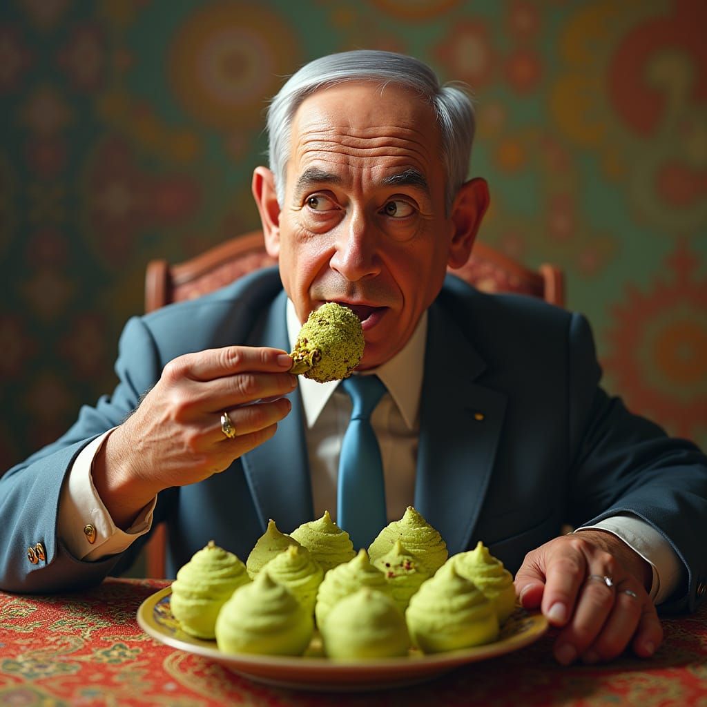 Netanyahu Enjoys Pistachio Kulfi in Retro-Futuristic Style