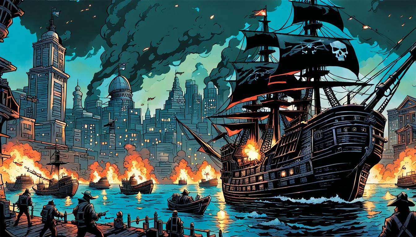 Big pirate ship with alot of guns fireing at a city - AI Generated ...