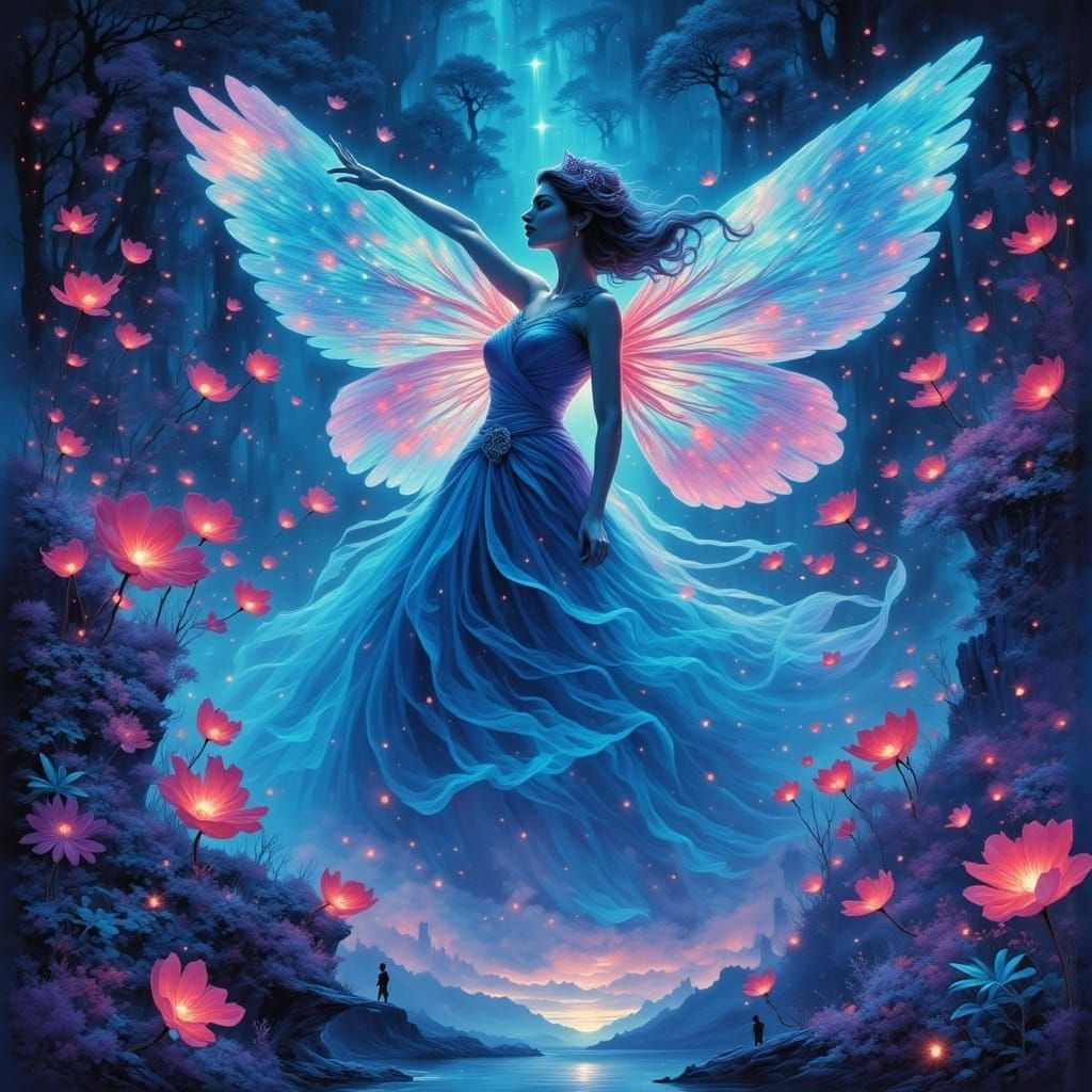 <lora:EpicFlux:1.0> Epic bioluminescent fantasy with flying pixies