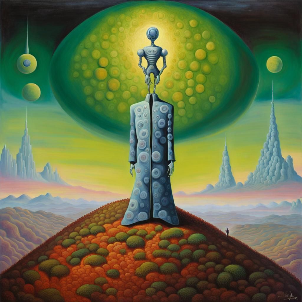Painting of an abstract man standing on top of a hill, surrealism, anthropomorphic-humanoid, the cytoplasm, circa the year 2994, alien voodo...