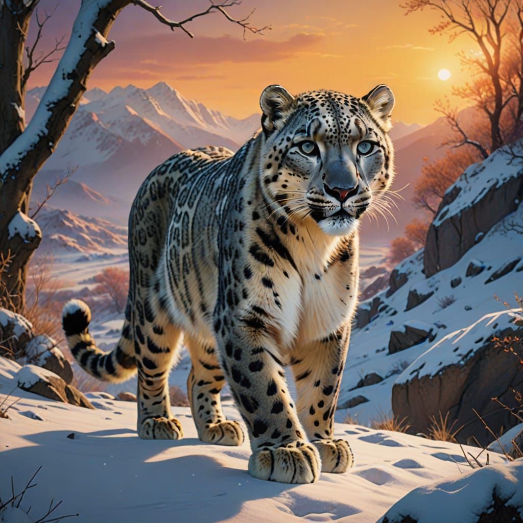 snow leopard stalking prey at sunset  by @undefined