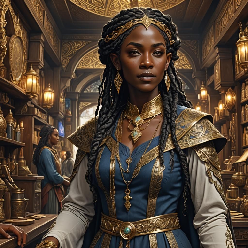 Elegant Elven Matron in Medieval Shop: 3D Render