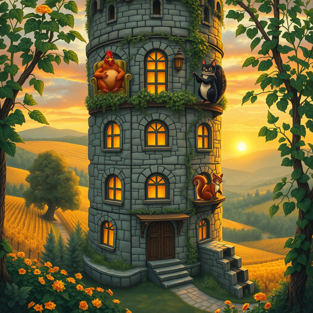 Tower of Animal Tenants in Arthur Rackham Style