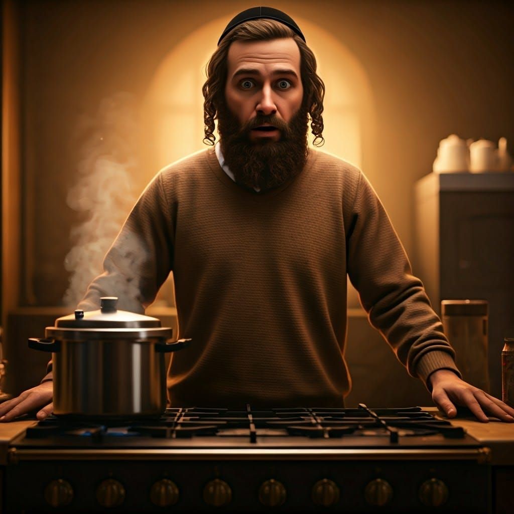 Orthodox Jewish Man in Chaos of the Kitchen