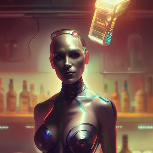Cyborg bartender, head and shoulders portrait, 8k resolution...