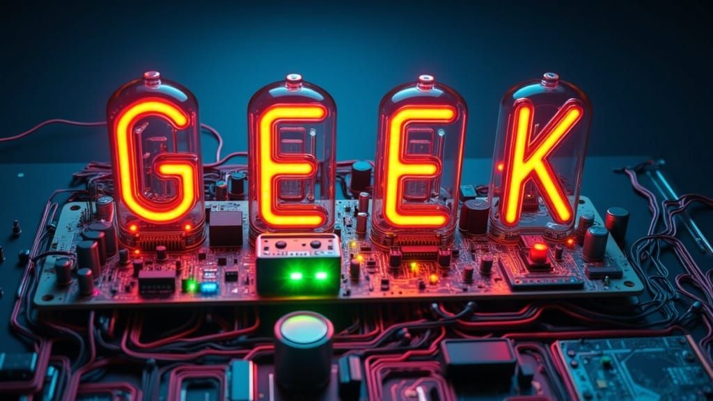 Glowing Vacuum Nixie Tubes spell out "CLASSIC GEEK" mounted to printed circuit board with wires, random colored LED lights, and integrated c...