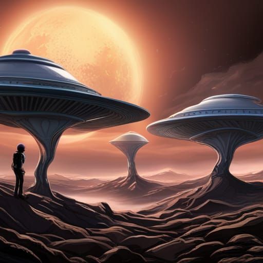 Extraterrestrial Aliens stepping out of a flying saucer UFO....